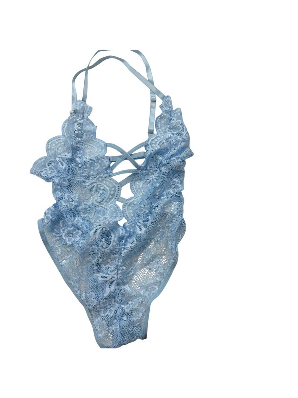 NEW Womens Blue Lingerie One Piece Stretch Lace Size Small Teddy Thong Bodysuit